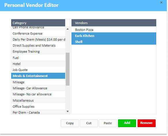 Selected category and vendor before clicking the Remove button in the Personal Vendor Editor