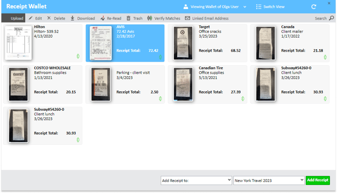 Receipt Wallet screen with selected receipt in the Expense Manager