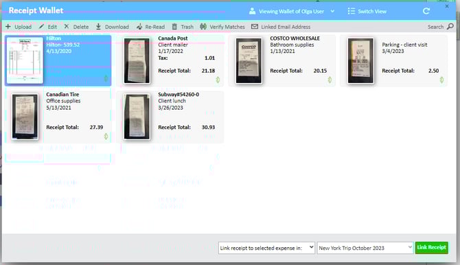 Receipt Wallet window displaying the before verify match