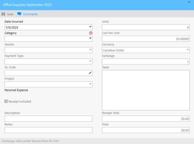 Report Window with many fillable fields to input the required details of the expense