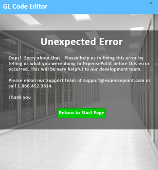 GL Code Editor "Unexpected Error" window