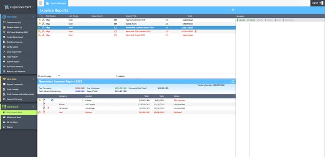 Expense Manager window with selected report under the Expense Reports section