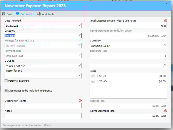 Category set to Mileage in Expense Report screen in the Expense Manager
