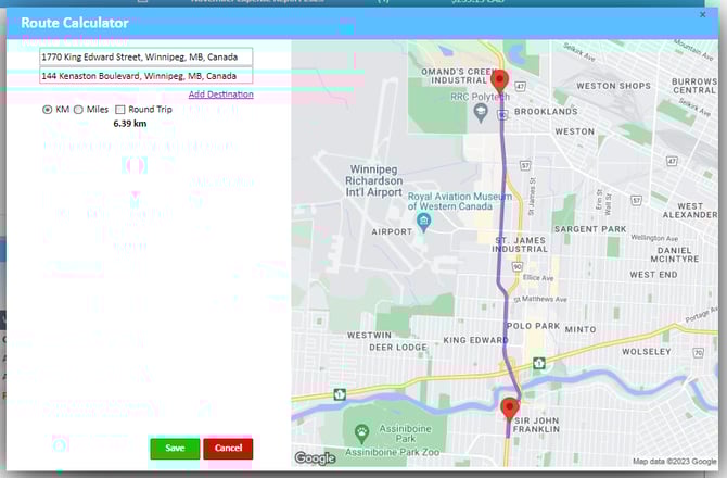 Route Calculator with route inputted in the to and from fields