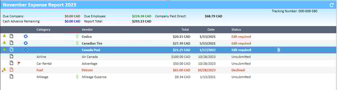 Expense Reports list with selected report displaying a Edit Required status