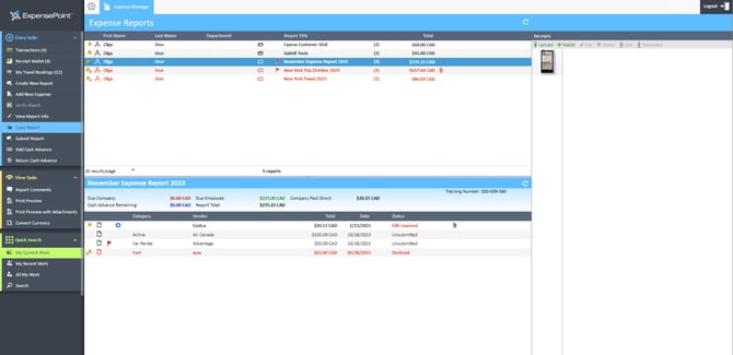 Expense Manager screen with inactive verify match option