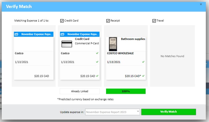 Verify Match window displaying identifies matches across three entities