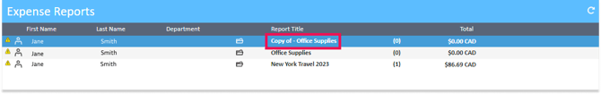 Report in the Expense Reports section with the label "Copy of"