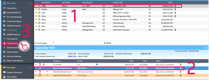 Copy Expense option selected after selecting the report and the expense in the Expense Manager