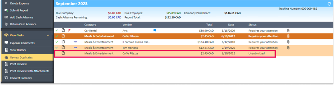 Copied expense appearing in the Expenses section in the Expense Manager