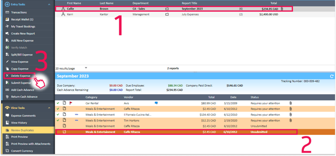 Steps to delete an expense from the Expense Manager screen