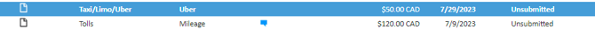 Expense with the yellow triangle icon no longer appearing and the status updated to Unsubmitted
