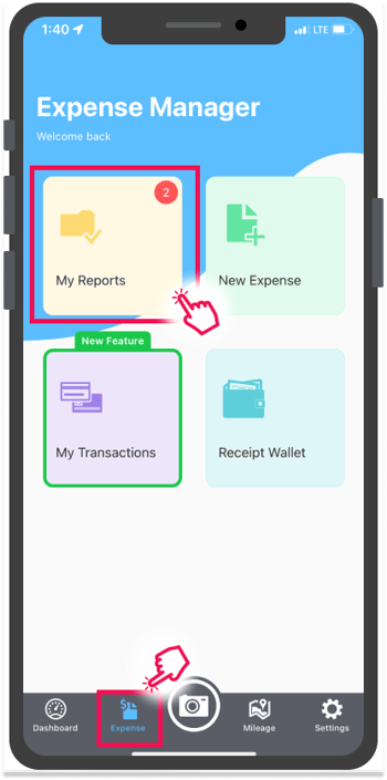 Module Mes rapports dans l'onglet Dépenses de l'application mobile ExpensePoint