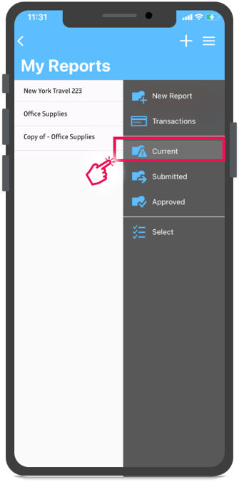 Current menu option in the hamburger menu in the My Reports screen
