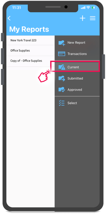 Option de menu actuelle dans le menu hamburger de l'écran Mes rapports