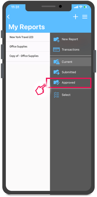 Option de menu approuvée du menu hamburger dans l'écran Mes rapports