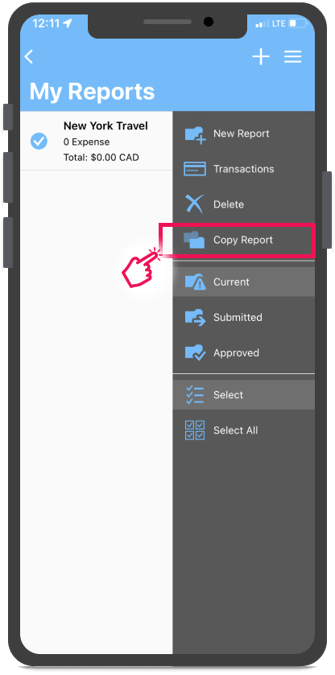 L'option « Copier le rapport » se trouve dans le menu hamburger de la section « Mes rapports ».