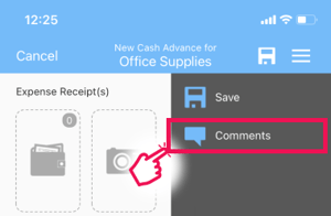 Option « Commentaires » dans le menu de l’avance de fonds
