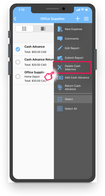 Option du menu Hamburger « Supprimer l'avance de fonds »