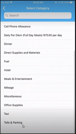 Select Category 
Smart: h 
Cell Phono Allowance 
Daily Per Diem (Full Day Meals) S70.oo day 
Direct and 
Mea'S 
Office Supplies 
Toll s & parking 