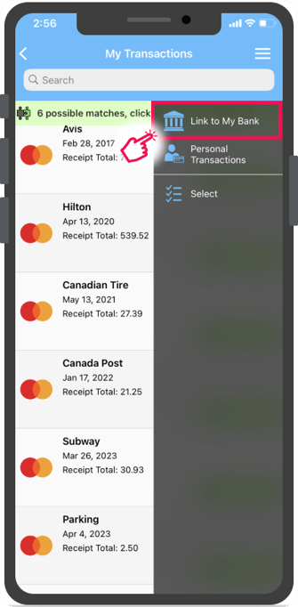 Lien vers l'option de menu « Ma banque » dans la fenêtre « Mes transactions ».