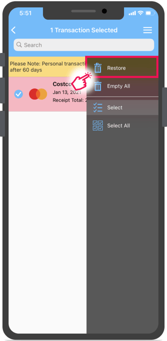 Rétablir l'option de menu à partir du menu de la transaction sélectionnée