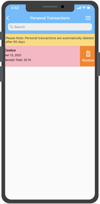 Faites glisser la transaction vers la gauche pour afficher l'option Restaurer