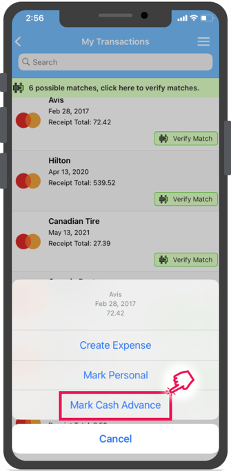 Cochez l'option Avance de fonds de la transaction sélectionnée