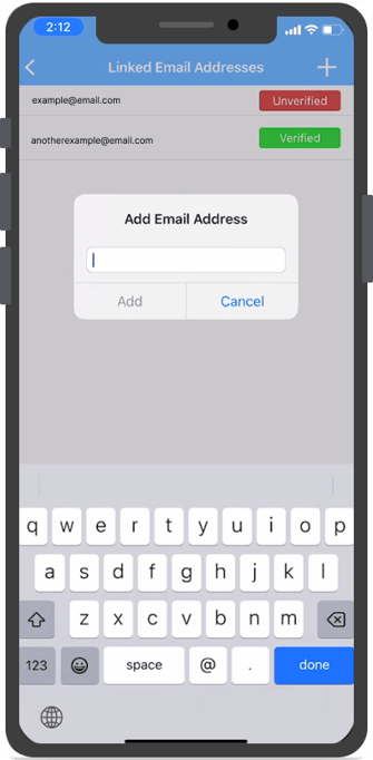 Une fenêtre contextuelle « Ajouter une adresse e-mail » s'affiche avec un champ pour saisir l'adresse e-mail.