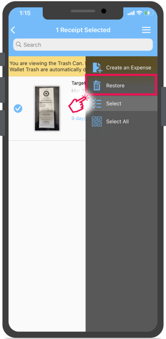 Le bouton Restaurer apparaît dans le menu une fois qu'un reçu a été sélectionné avec l'option Sélectionner.