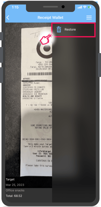 Bouton Restaurer dans le menu de l'écran des détails du reçu