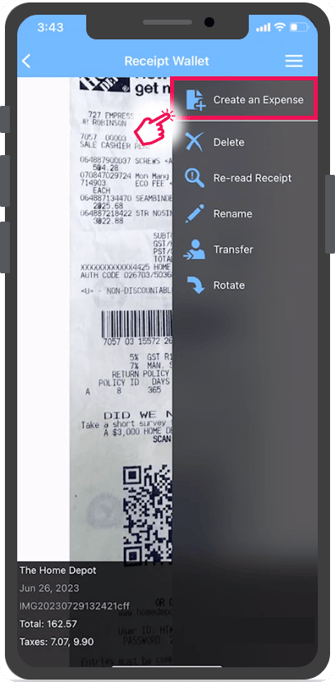 Créez une option de dépense dans le menu du reçu sélectionné.
