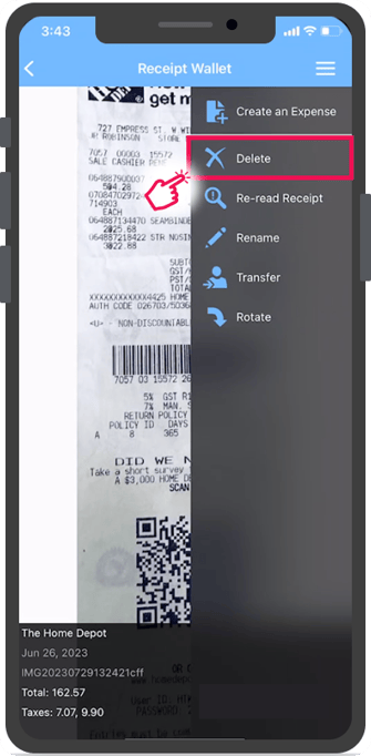 Option Supprimer dans le menu d'un reçu sélectionné