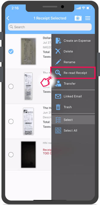L'option « Relire le reçu » du menu est sélectionnée.