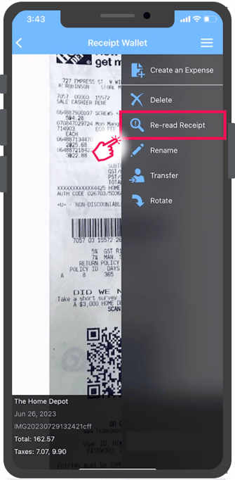 Menu du reçu sélectionné avec option de relecture du reçu