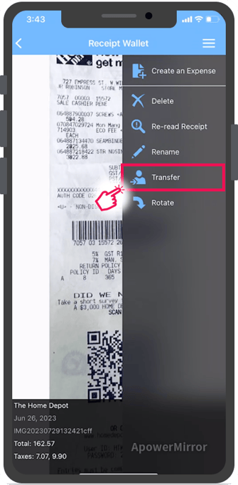 Option de transfert dans le menu du reçu sélectionné