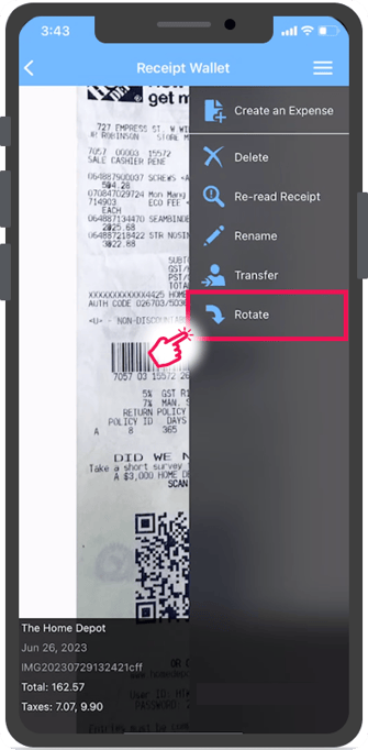 Option de rotation du menu dans le menu du reçu sélectionné