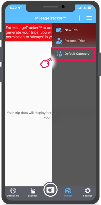 Option de menu Catégorie par défaut dans MileageTracker