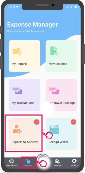 Module « Rapports à approuver » dans l’onglet « Dépenses » de l’application mobile ExpensePoint