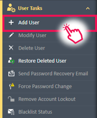 Add User menu option in the User Tasks navigation menu in the User & Group Manager