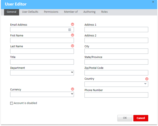 User Editor window with various tabs and fillable fields