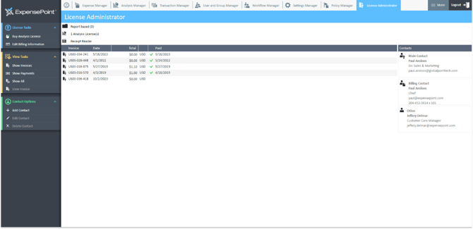 License Administrator screen
