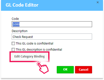 Edit Category Binding button in the GL Code Editor window