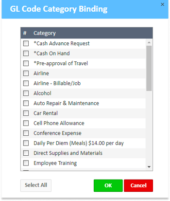 GL Code Category Binding window